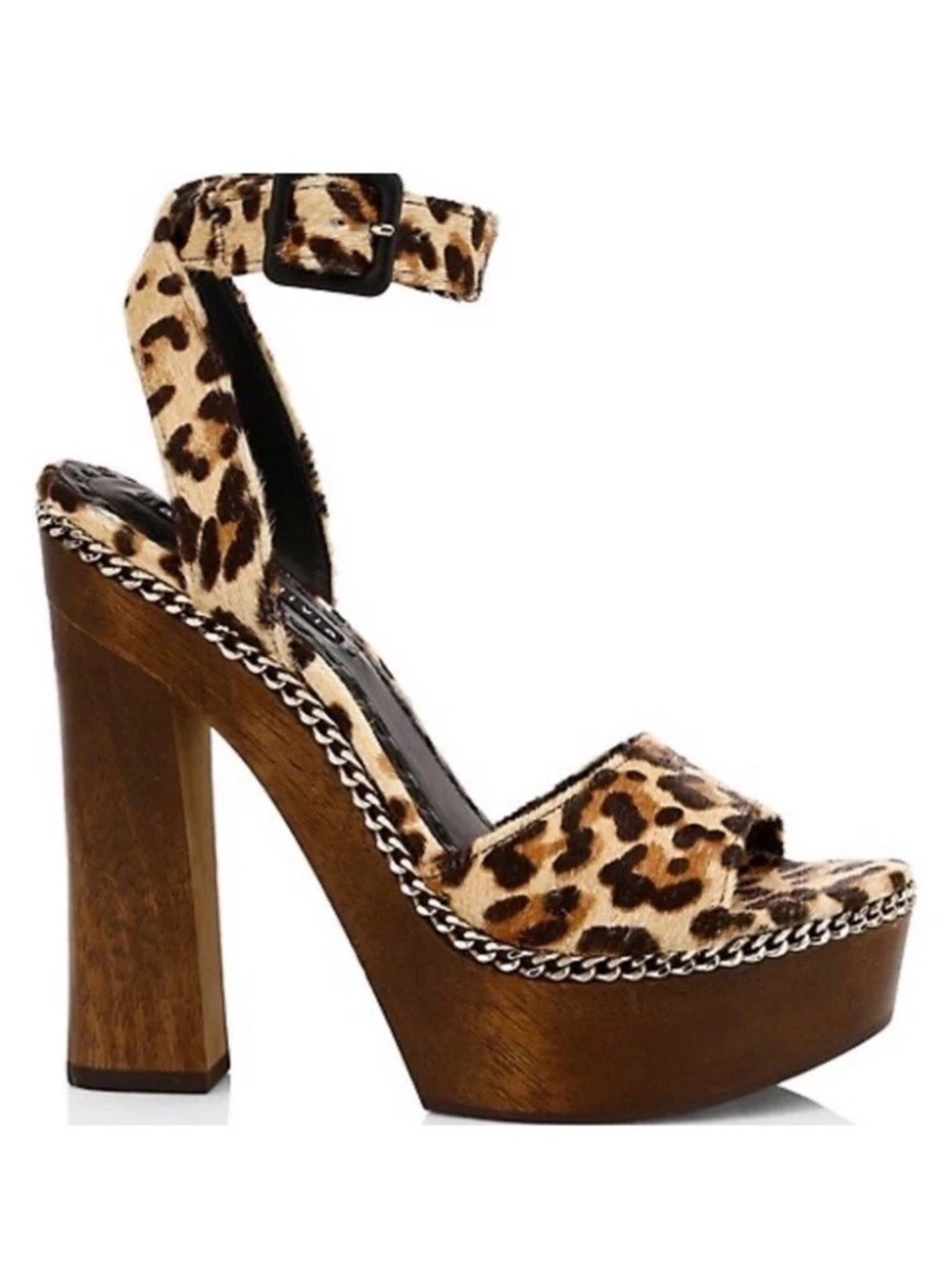 Alice + Olivia Faira Leopard Calf Hair Platform Heels Sz 8 Chain Trim
